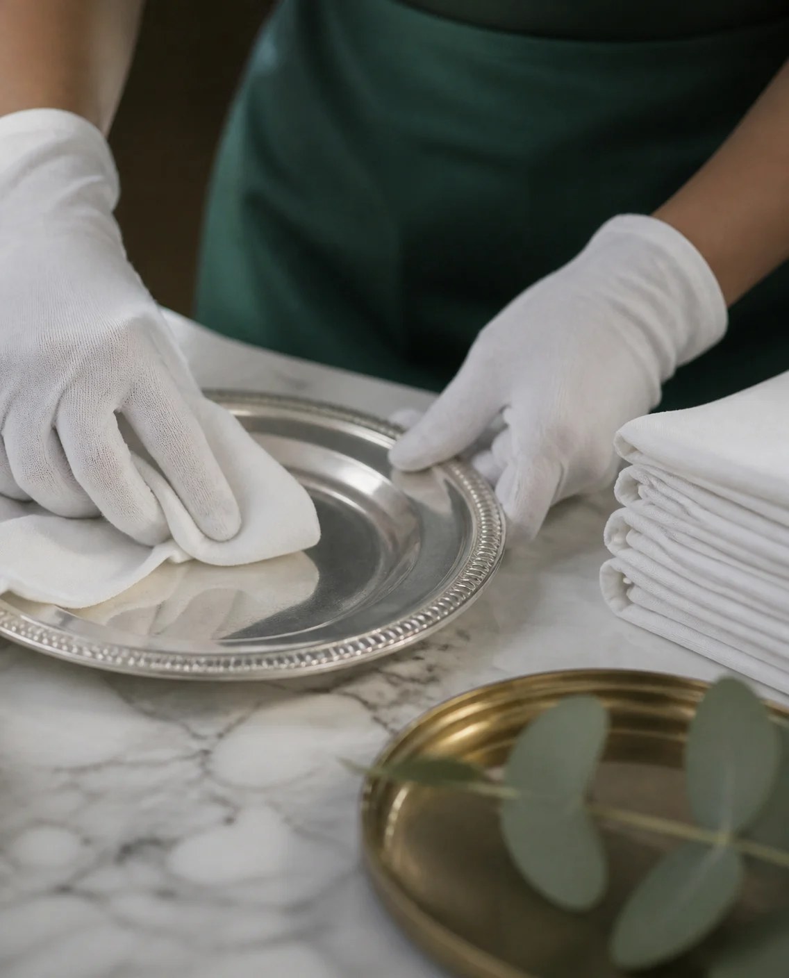 Gloved hands polishing a silver tray beside folded linen napkins