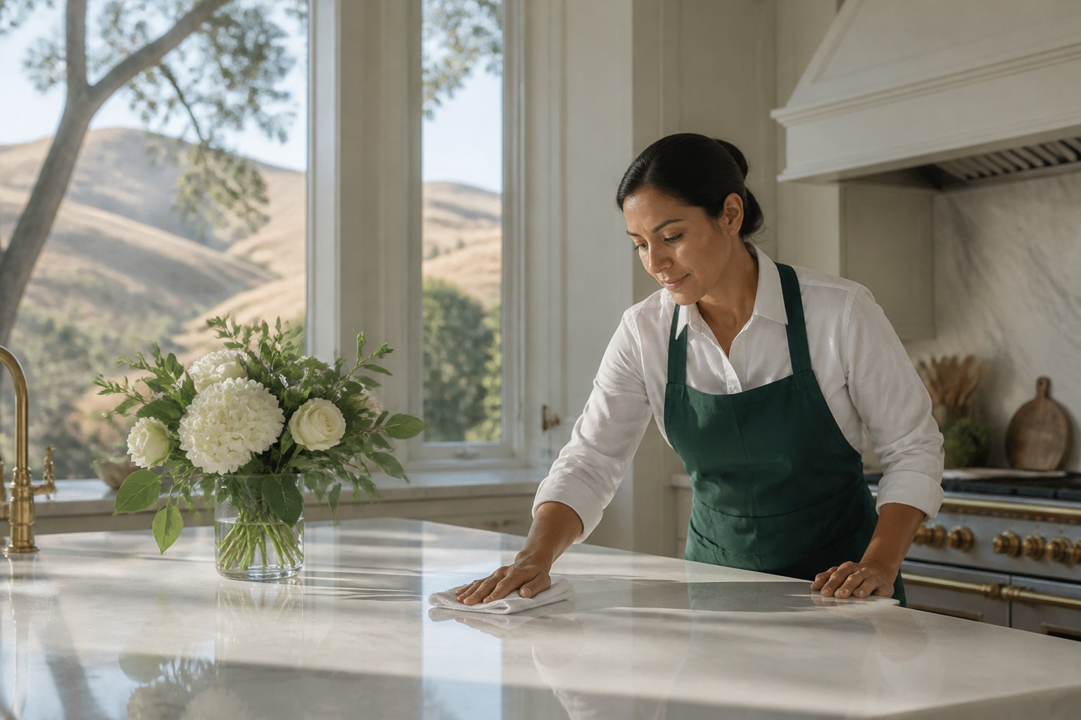 Housekeeper in a deep green apron wiping a marble island in a luxury estate kitchen